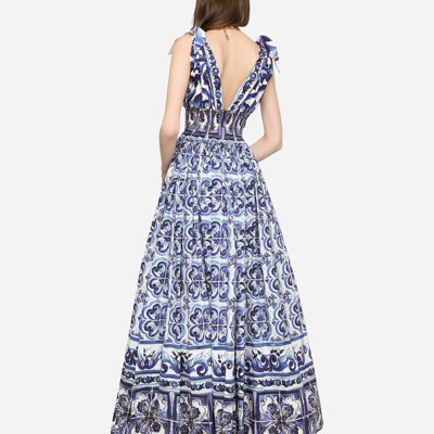 Shop Dolce & Gabbana Long Majolica-print Poplin Dress In Multicolor