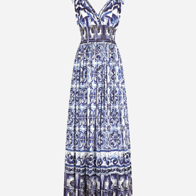 Dolce & Gabbana Open-back Shirred Printed Cotton-poplin Maxi Dress In Multicolor