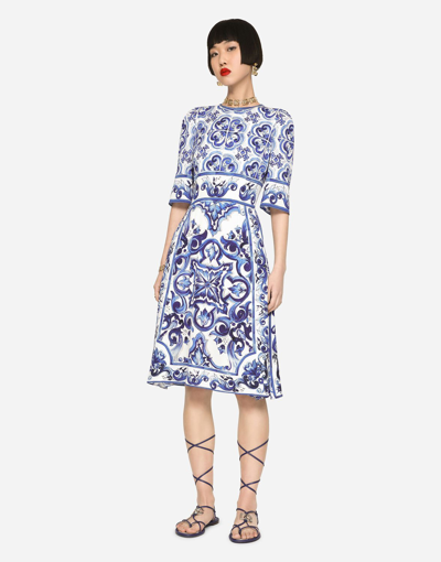 Shop Dolce & Gabbana Majolica-print Silk Charmeuse Midi Dress In Multicolor