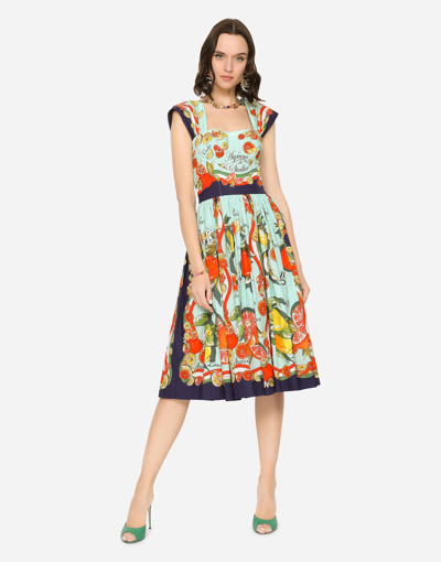 Shop Dolce & Gabbana Bustier Midi Dress In Citrus-print Poplin In Multicolor