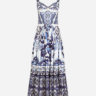 Shop Dolce & Gabbana Calf-length Bustier Dress In Majolica-print Poplin In Multicolor