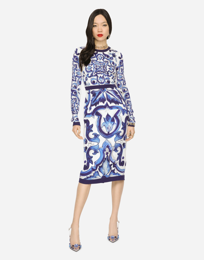Dolce & Gabbana Blu Mediterraneo Painterly Long-sleeve Midi-dress In Multicolor