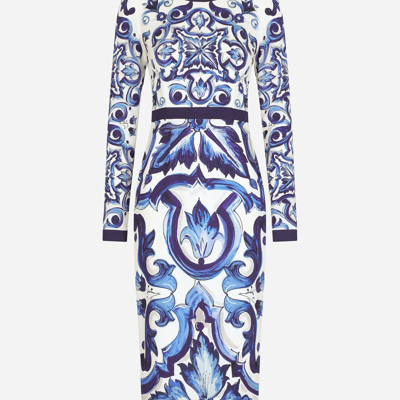 Dolce & Gabbana Blu Mediterraneo Painterly Long-sleeve Midi-dress In Multicolor