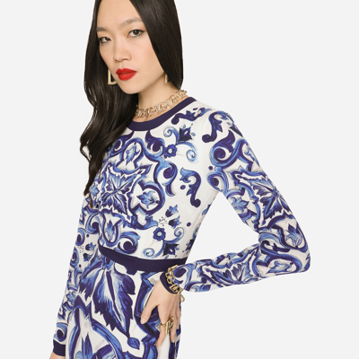 Dolce & Gabbana Blu Mediterraneo Painterly Long-sleeve Midi-dress In Multicolor