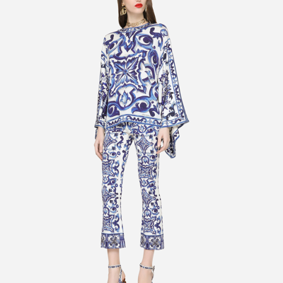 Dolce & Gabbana Majolica-print Round Neck Charmeuse Blouse In Multicolor