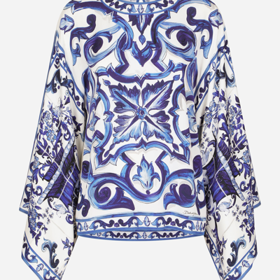 Dolce & Gabbana Majolica-print Round Neck Charmeuse Blouse In Multicolor