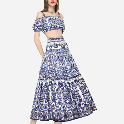 Dolce & Gabbana Off-the-shoulder Printed Popline Crop Top In Multicolor