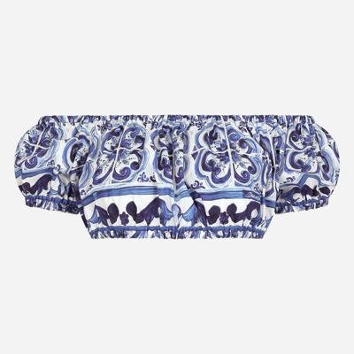 Dolce & Gabbana Off-the-shoulder Printed Popline Crop Top In Multicolor