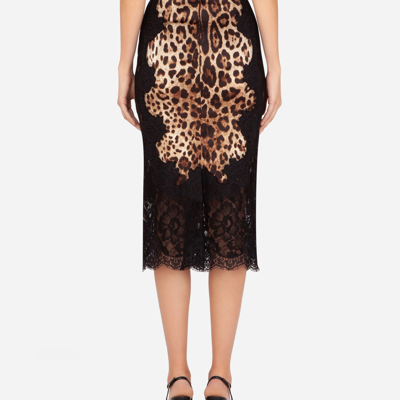 Dolce & Gabbana Lace And Leopard-print Charmeuse Midi Skirt In Animal Print
