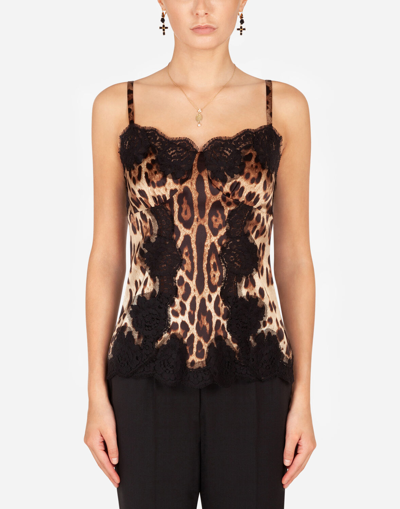 Shop Dolce & Gabbana Leopard-print Satin Top With Lace Inlay In Animal Print