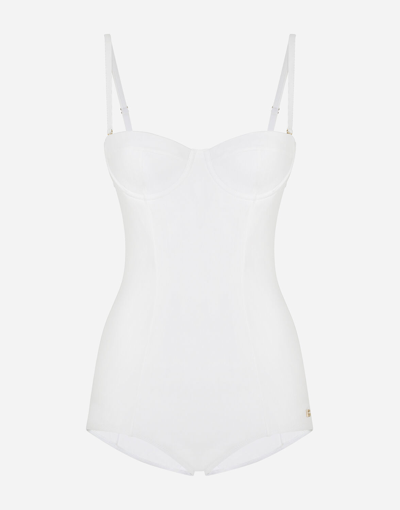 Shop Dolce & Gabbana Full Swimsuit With Balcony Neckline In White