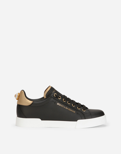 Shop Dolce & Gabbana Calfskin Nappa Portofino Sneakers With Lettering In Black/gold