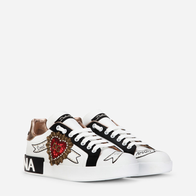 Dolce & Gabbana Calfskin Portofino Sneakers With Embroidery In White