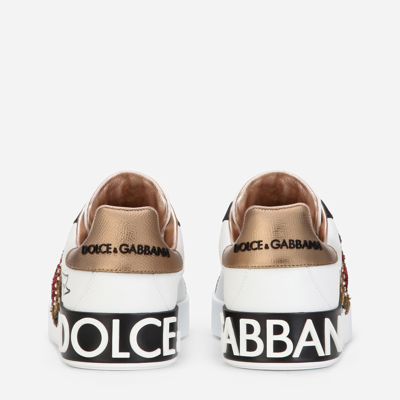 Shop Dolce & Gabbana Printed Calfskin Nappa Portofino Sneakers With Embroidery In White