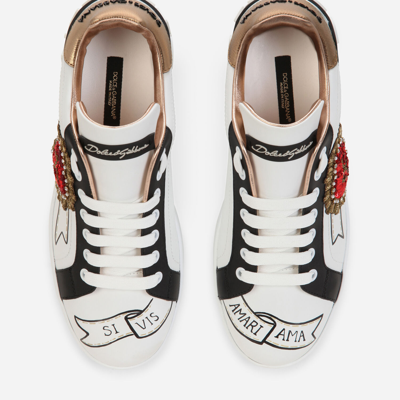 Shop Dolce & Gabbana Printed Calfskin Nappa Portofino Sneakers With Embroidery In White