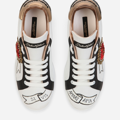 Dolce & Gabbana Calfskin Portofino Sneakers With Embroidery In White