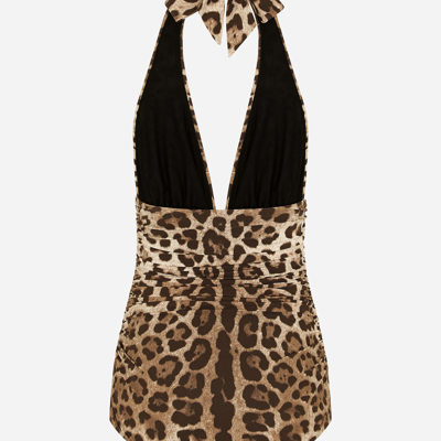 Shop Dolce & Gabbana One-piece Swimsuit With Plunging Neckline And Leopard Print In Animal Print