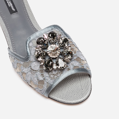 Dolce & Gabbana Lace Crystal Ornament Slide Sandals In Grey