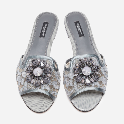 Dolce & Gabbana Lace Crystal Ornament Slide Sandals In Grey