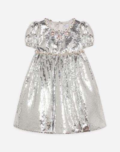 Shop Dolce & Gabbana Sequined Dress With Jewel Decorations In Silver