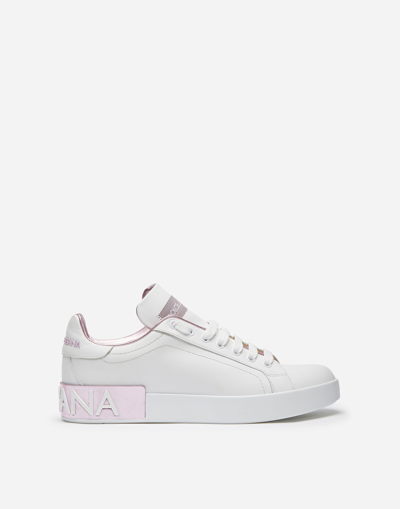 Dolce & Gabbana Portofino White And Pink Low Top Sneakers With Logo In Leather Woman In White