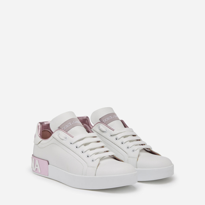 Dolce & Gabbana Portofino White And Pink Low Top Sneakers With Logo In Leather Woman In White