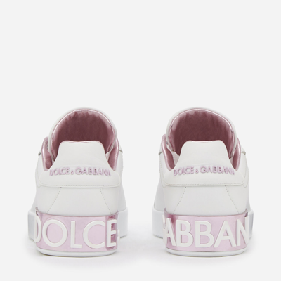Dolce & Gabbana Portofino White And Pink Low Top Sneakers With Logo In Leather Woman In White