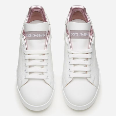 Dolce & Gabbana Portofino White And Pink Low Top Sneakers With Logo In Leather Woman In White