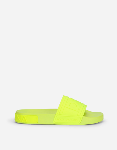 Shop Dolce & Gabbana Fluorescent Rubber Beachwear Sliders With D&g Logo In Yellow