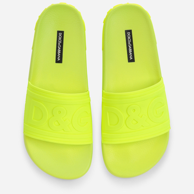 Shop Dolce & Gabbana Fluorescent Rubber Beachwear Sliders With D&g Logo In Yellow