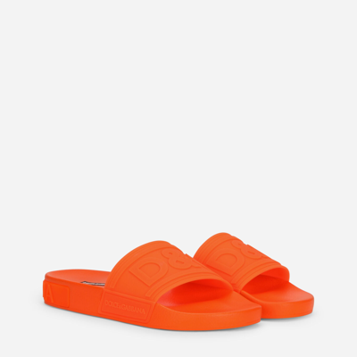 Shop Dolce & Gabbana Fluorescent Rubber Beachwear Sliders With D&g Logo In Orange
