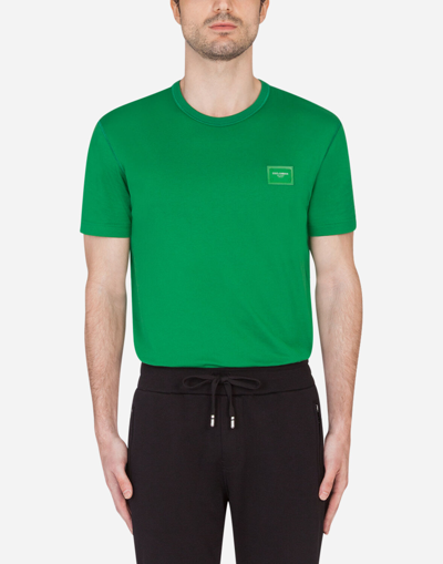 Shop Dolce & Gabbana Cotton T-shirt With Logoed Plaque In Green