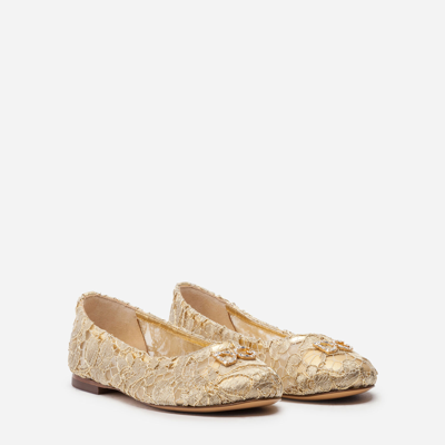 Shop Dolce & Gabbana Laminated Lace Ballerina Shoes With Dg Rhinestones In Gold