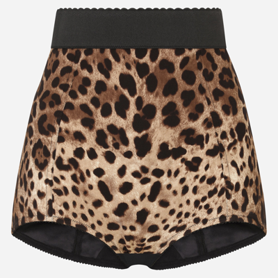 Dolce & Gabbana High-waisted Charmeuse Panties With Leopard Print In Animal Print