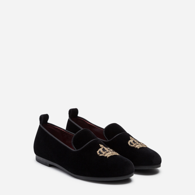 Shop Dolce & Gabbana Velvet Slippers With Crown Patch In Black