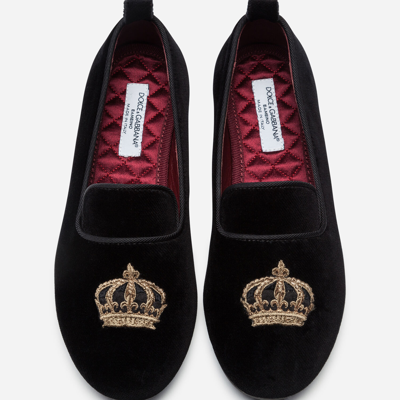 Shop Dolce & Gabbana Velvet Slippers With Crown Patch In Black