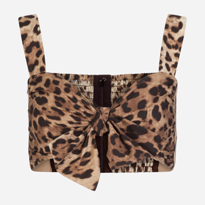 Dolce & Gabbana Leopard-print Bra Crop Top W/ Tie Front In Animal Print