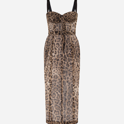 Shop Dolce & Gabbana Longuette Tulle Dress With Leopard Print In Animal Print