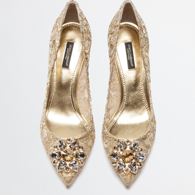 Shop Dolce & Gabbana Lurex Lace Rainbow Pumps With Brooch Detailing In Gold