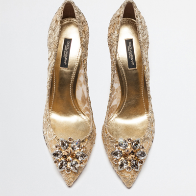 Shop Dolce & Gabbana Lurex Lace Rainbow Pumps With Brooch Detailing In Gold