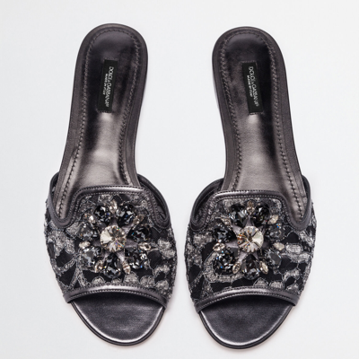 Shop Dolce & Gabbana Slippers In Lace With Crystals In Grey