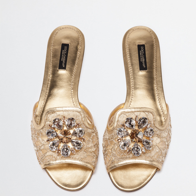 Shop Dolce & Gabbana Slippers In Lace With Crystals In Gold