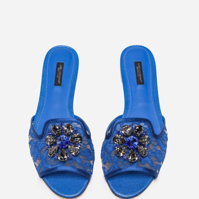 Dolce & Gabbana Embellished Corded Lace And Lizard-effect Leather Slides In Blue