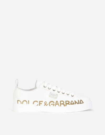 Shop Dolce & Gabbana Calfskin Portofino Light Sneakers With Logo-detailed Plate And Logo Print In White