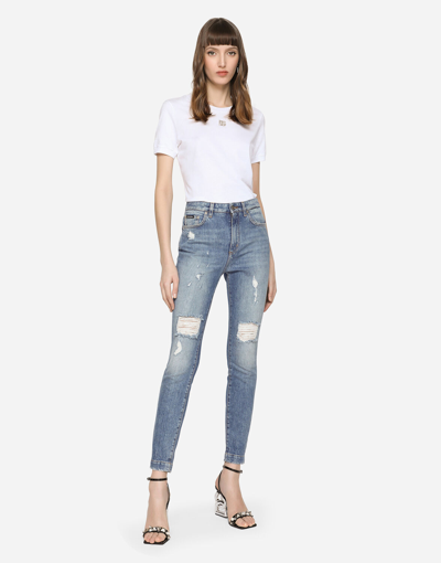 Shop Dolce & Gabbana Stretch Denim Audrey Jeans With Rips In Azure