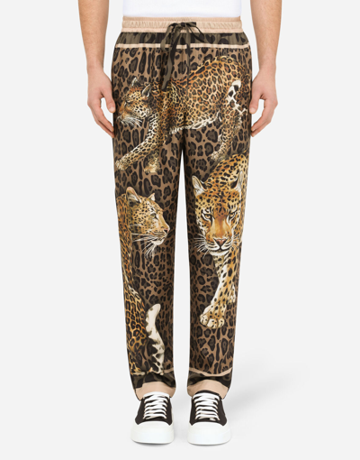 Shop Dolce & Gabbana Silk Pajama Pants With Leopard Print In Multicolor