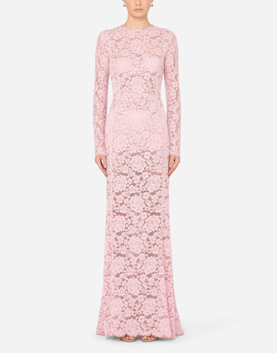 Shop Dolce & Gabbana Long Lace Dress With Train In Lilac