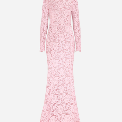 Shop Dolce & Gabbana Long Lace Dress With Train In Lilac