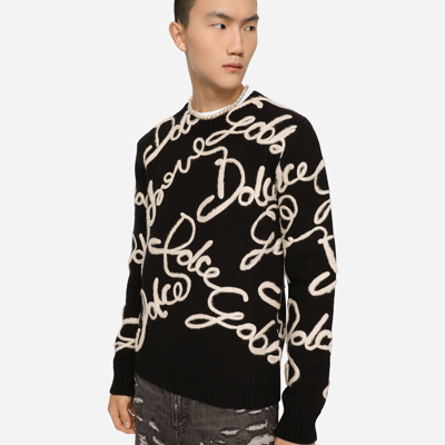 Shop Dolce & Gabbana Cashmere Round-neck Sweater With Dolce&gabbana Embroidery In Black