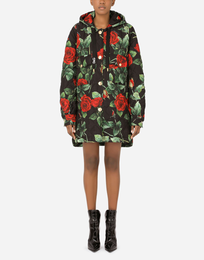 Shop Dolce & Gabbana Quilted Cordura Jacket With Rose Print And Hood In Multicolor